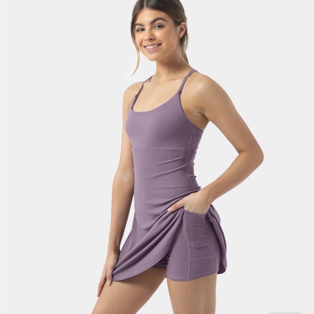 Halara Cloudful Fabric Backless 2-in-1 Flare Workout Dress, Medium Tulip Purple